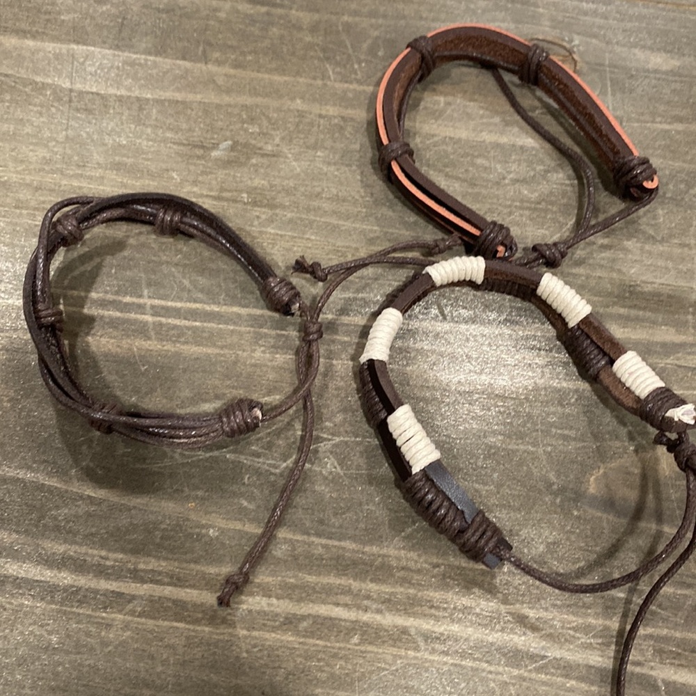 ( 3 ) NEW 100% Leather Brown & Cream Boho Adjustable Bracelet SET - Picture 5 of 6